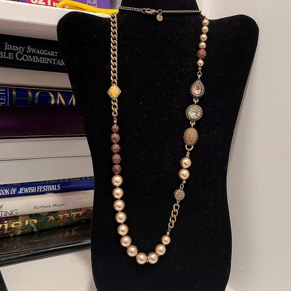 LOFT Necklace- Taupes, Chocolate, Pearlized Beads and Brass